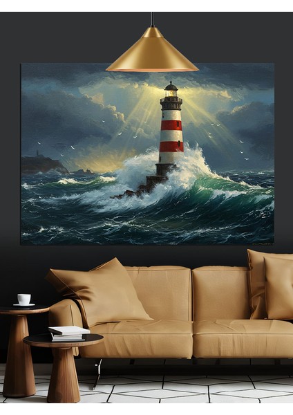 Fırtınalı Denizde Fener Işığı Dekoratif Kanvas - Mdf Ahşap Tablo