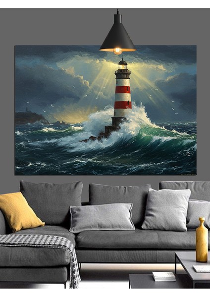 Fırtınalı Denizde Fener Işığı Dekoratif Kanvas - Mdf Ahşap Tablo fiyatları