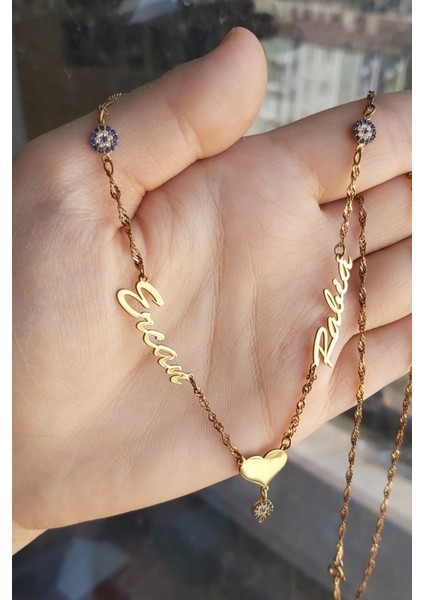 925 Ayar Gümüş 24 Ayar Altın Kaplama 2 Isimli Kalpli Nazar Boncuklu Kolye