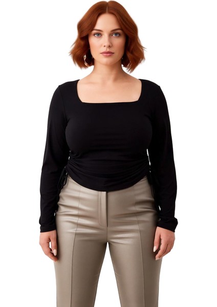 Kadınlar Için Şık Kare Yaka Büzgülü Yan Detaylı Örme Üst Kaliteli Şık Rahat Modern Zarif Günlük