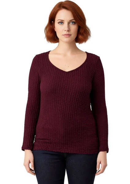 Kadın Gofre Dokulu V Yaka Uzun Kollu Örme Üst Kaliteli Şık Rahat Modern Zarif Günlük