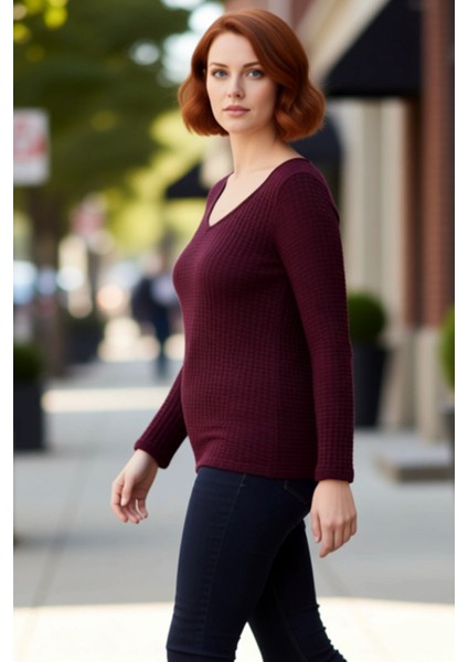 Kadın Gofre Dokulu V Yaka Uzun Kollu Örme Üst Kaliteli Şık Rahat Modern Zarif Günlük modelleri