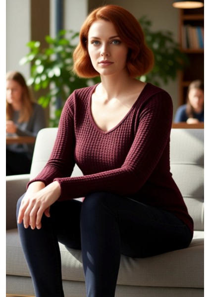 Kadın Gofre Dokulu V Yaka Uzun Kollu Örme Üst Kaliteli Şık Rahat Modern Zarif Günlük fırsatları