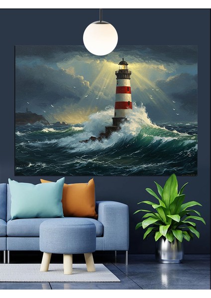 Fırtınalı Denizde Fener Işığı Dekoratif Kanvas - Mdf Ahşap Tablo indirimleri