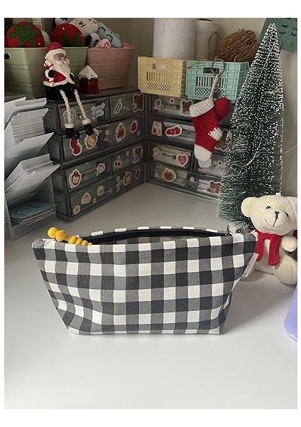 Büyük Pötikareli Yıkanabilir Fermuarlı Tek Gözlü Bez Kalemlik Kalem Kutusu Cüzdan Makyaj Çantası Bez Kalem Kesesi (Siyah) fiyatları