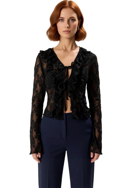 Kadınlar Için V Yaka Fırfırlı Bağlama Detaylı Uzun Kollu Bluz Kaliteli Şık Rahat Modern Zarif