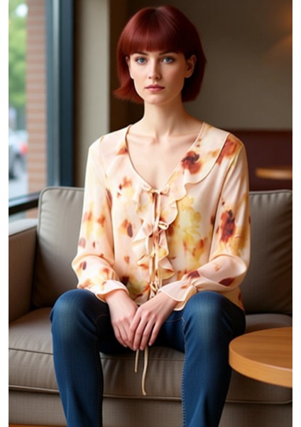 Kadın Desenli V Yaka Şifon Bluz Uzun Kollu Bağcıklı ve Günlük Stil Kaliteli Şık Rahat Modern