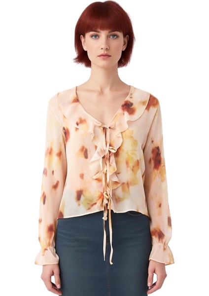 Kadın Desenli V Yaka Şifon Bluz Uzun Kollu Bağcıklı ve Günlük Stil Kaliteli Şık Rahat Modern fiyatları