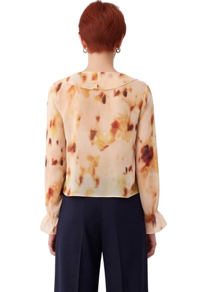 Kadın Desenli V Yaka Şifon Bluz Uzun Kollu Bağcıklı ve Günlük Stil Kaliteli Şık Rahat Modern modelleri