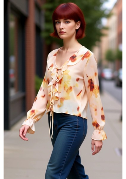 Kadın Desenli V Yaka Şifon Bluz Uzun Kollu Bağcıklı ve Günlük Stil Kaliteli Şık Rahat Modern fırsatları