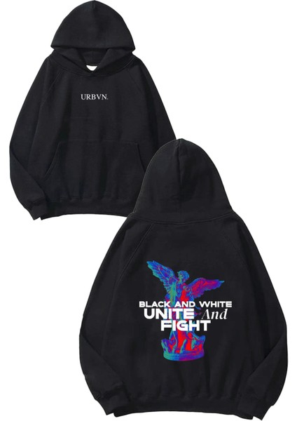 Unite Tasarım Baskılı Oversize Siyah Kapüşonlu Sweatshirt