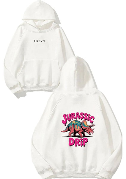 Jurassic Tasarım Baskılı Oversize Beyaz Kapüşonlu Sweatshirt