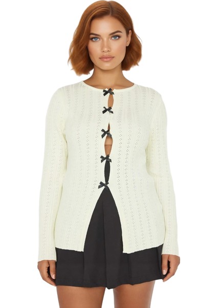 Kadınlar Için Zarif Ajurlu Triko Bluz Bağcıklı Detaylı Uzun Kollu Kaliteli Şık Rahat Modern