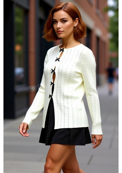 Kadınlar Için Zarif Ajurlu Triko Bluz Bağcıklı Detaylı Uzun Kollu Kaliteli Şık Rahat Modern modelleri