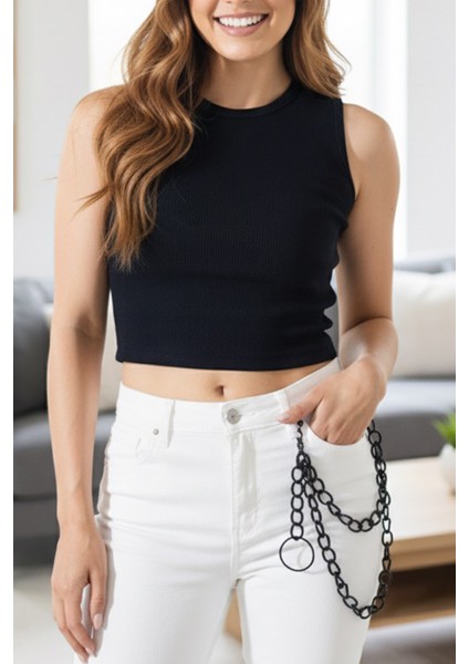 Pınkmark Kadın Siyah Çift Zincirli Halkalı Alüminyum Pantolon Zinciri Aksesuar PMKM25666