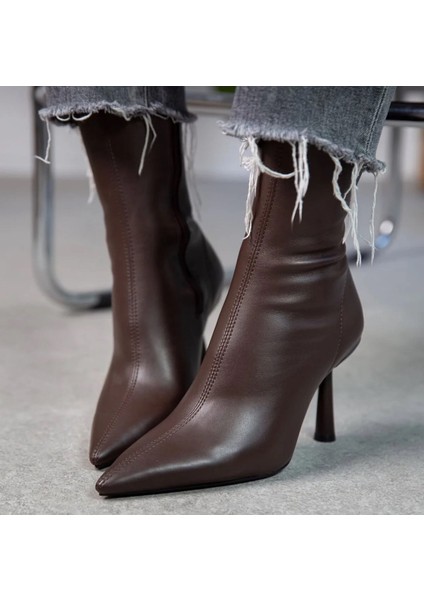 Kadın Marya Streç Cilt Yandan Fermuar Sivri Burun Ince Topuklu Bot