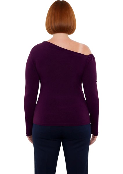 Kadın Moda Şık Büyük Beden Regular Asimetrik Yaka Fitted Kalıp Örme Büzgülü Tek Omuz Bluz modelleri