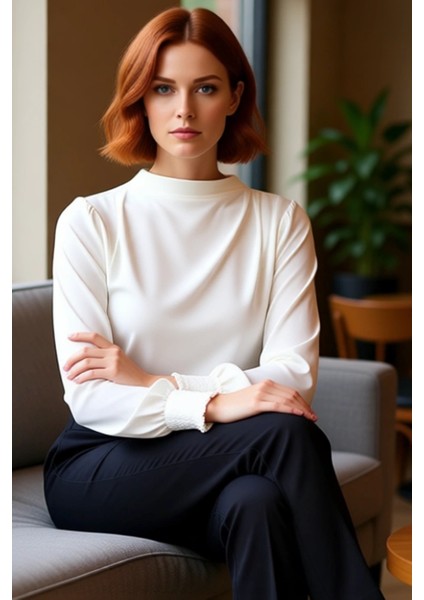 Kadın Moda Şık Üst Giyim Regular Dik Yaka Regular Kalıp Örme Fit Gipe Detaylı Esnek Bluz