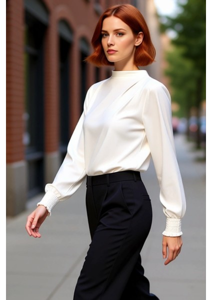 Kadın Moda Şık Üst Giyim Regular Dik Yaka Regular Kalıp Örme Fit Gipe Detaylı Esnek Bluz fırsatları