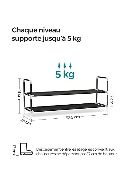 2 Katlı Raf, Antre Dolabı Için Ayakkabı Saklama Çözümü, ve Yer Tasarrufu Sağlayan, Metal Çerçeve, Dokuma Olmayan Kumaş Raflar, Siyah LSH052B01 modelleri