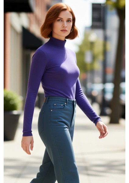 Moda Dik Yaka Örme Slim Düz Desen Casual Günlük Regular Uzun Kol Bluz modelleri