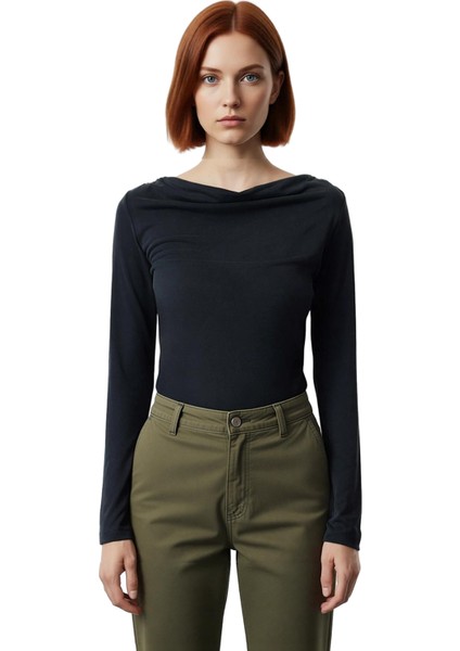 Kadın Asimetrik Kesim Degaje Yaka Drapeli Bluz Regular Kalıp Uzun Kollu Modal Kumaş Günlük Casual