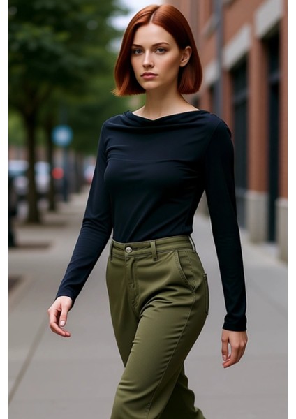 Kadın Asimetrik Kesim Degaje Yaka Drapeli Bluz Regular Kalıp Uzun Kollu Modal Kumaş Günlük Casual modelleri