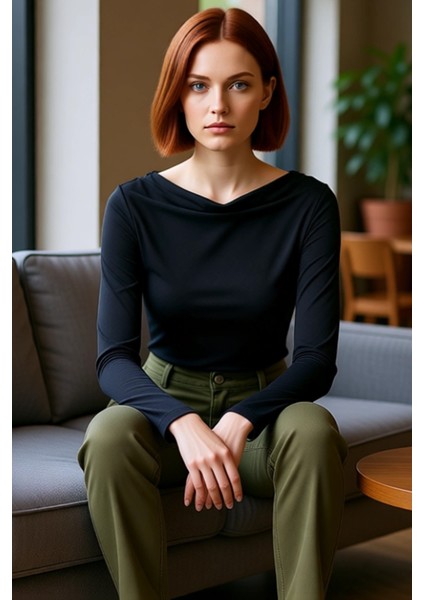 Kadın Asimetrik Kesim Degaje Yaka Drapeli Bluz Regular Kalıp Uzun Kollu Modal Kumaş Günlük Casual fırsatları