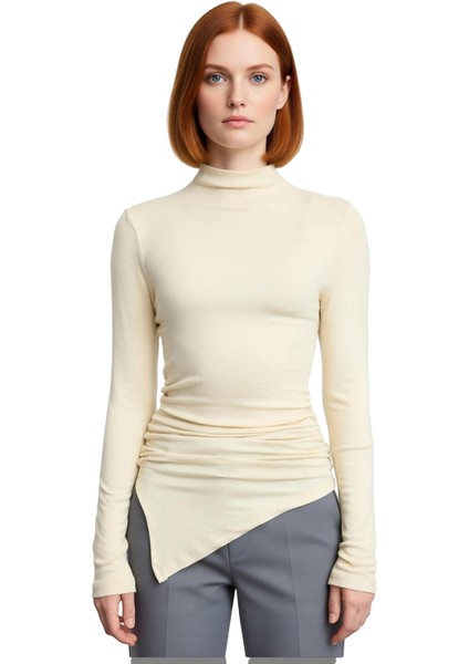 Stil Kadın Fitted Büzgü Drape Detaylı Bluz Crop Örme Slim Kalıp