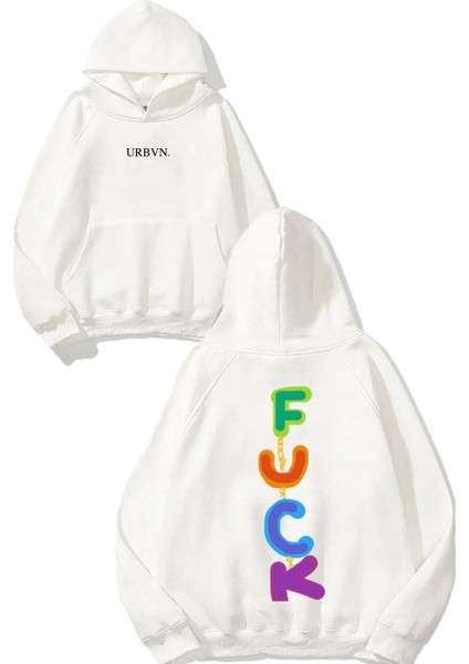 Fckk Tasarım Baskılı Oversize Beyaz Kapüşonlu Sweatshirt