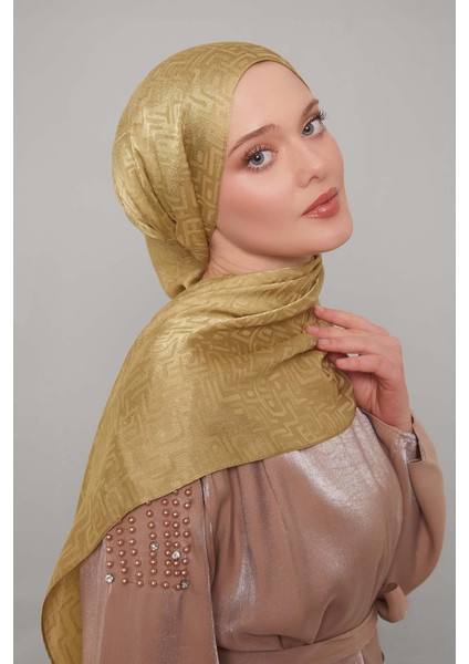 Yağ Yeşili Kiril Desen Jakarlı Janjan Şal