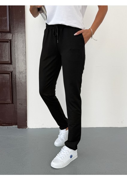 Unisex Beli Bağlamalı Pamuklu Iki Iplik Reçmeli Paça Siyah Eşofman Altı fiyatları