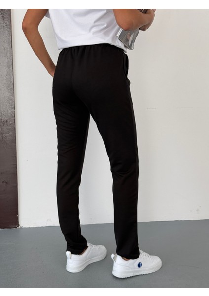 Unisex Beli Bağlamalı Pamuklu Iki Iplik Reçmeli Paça Siyah Eşofman Altı modelleri