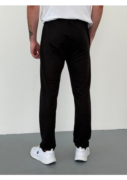 Unisex Beli Bağlamalı Pamuklu Iki Iplik Reçmeli Paça Siyah Eşofman Altı