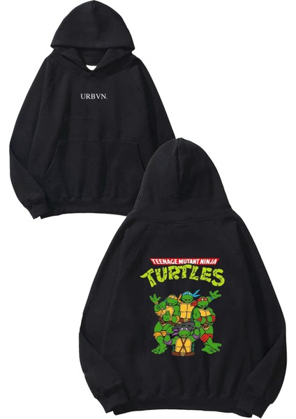 Ninja Turtles Tasarım Baskılı Oversize Siyah Kapüşonlu Sweatshirt