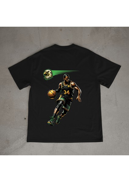 Basketball Tasarım Baskılı Siyah Oversize T-Shirt