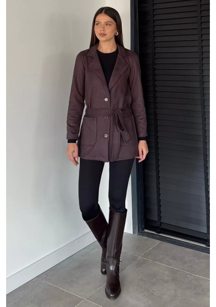 Kadın Kruvaze Yaka Ön Düğmeli Bel Kuşaklı Ceket P-00018890