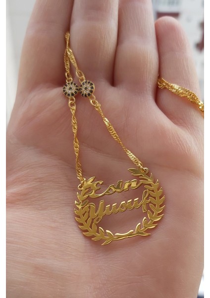 925 Ayar Gümüş 24 Ayar Altın Kaplama 2 Nazar Boncuklu Isimli Başak Kolye