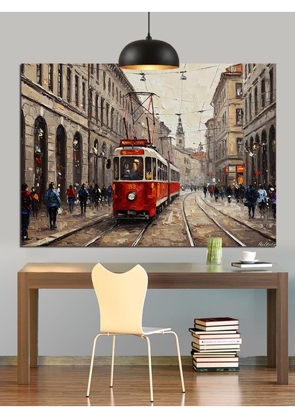 Kırmızı Tramvay Şehir Sokağı Dekoratif Kanvas - Mdf Ahşap Tablo