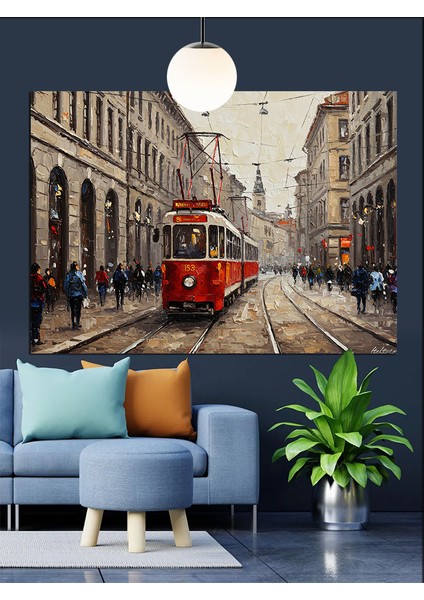 Kırmızı Tramvay Şehir Sokağı Dekoratif Kanvas - Mdf Ahşap Tablo fiyatları