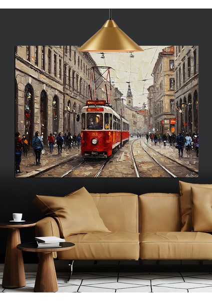 Kırmızı Tramvay Şehir Sokağı Dekoratif Kanvas - Mdf Ahşap Tablo modelleri
