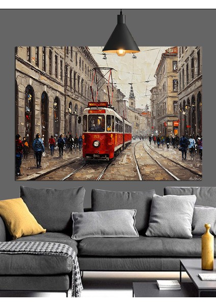 Kırmızı Tramvay Şehir Sokağı Dekoratif Kanvas - Mdf Ahşap Tablo fırsatları