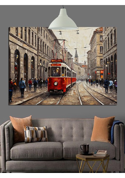 Kırmızı Tramvay Şehir Sokağı Dekoratif Kanvas - Mdf Ahşap Tablo indirimleri
