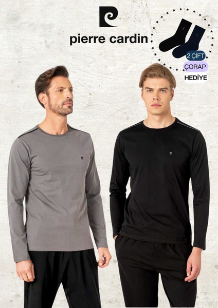 Erkek %100 Pamuk Uzun Kollu Logolu Koyu Gri & Siyah Iki Adet Pijama Takımı L1.PC.6100.002