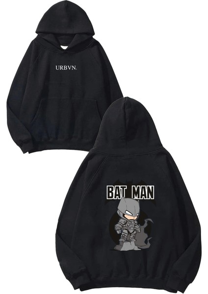 Batman Mini Tasarım Baskılı Oversize Siyah Kapüşonlu Sweatshirt
