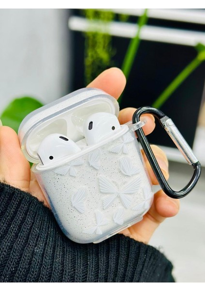 1. Nesil ve 2. Nesil ile Uyumlu Kelebek Tasarımlı Simli Kalın Şeffaf Silikon Kılıf - Beyaz