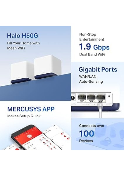 Halo H50G 2-Pack, AC1900MBPS, Dual-Band, Gigabit Portları, 100'E Kadar Cihaz Bağlanabilir, 350 M²'ye Kadar Kapsama, Akıllı Bağlantı, Mobil Uygulama ile Kolay Kurulum, Wi-Fi 5 Mesh Sistemi modelleri