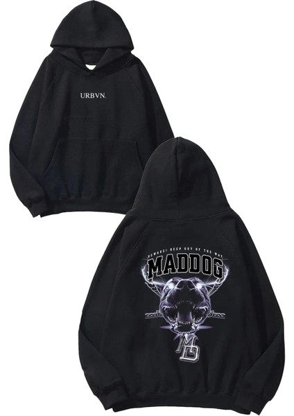 Maddog Tasarım Baskılı Oversize Siyah Kapüşonlu Sweatshirt