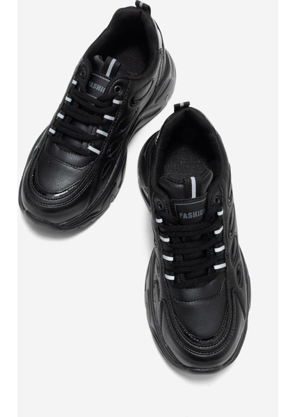 Yan Halka Desenli Kadın Spor Ayakkabı Siyah Siyah indirimleri