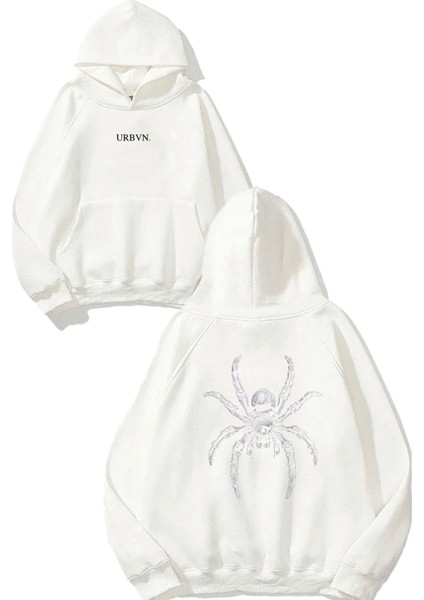 Spider 1 Tasarım Baskılı Oversize Beyaz Kapüşonlu Sweatshirt